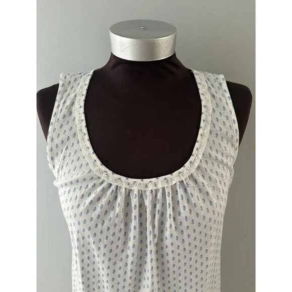 P.Jamas Pima Cotton Night Gown XS White Blue Floral Cottagecore Prairie Trad